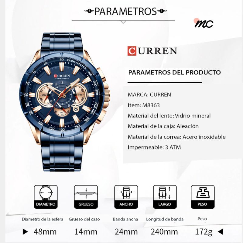 Relógio cronógrafo Maria Chic Curren 8395 em aço inoxidável